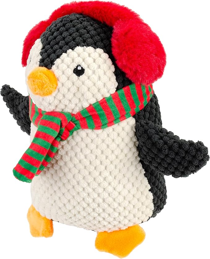 Giftable World Holiday Plush Pet Toy Fun for Christmas Designs with Squeaker Dog Chew Toy (7" Tubby Penguin w/Earmuffs & Squeaker)