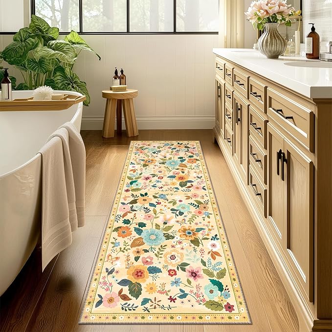Floral 2x8 Area Rug Machine Washable Soft Print Boho Carpet Non Slip Doormat Low Pile Flower Area Rugs for Living Room Bedroom Nursery Kitchen Dining Room Indoor-Ivory/Yellow