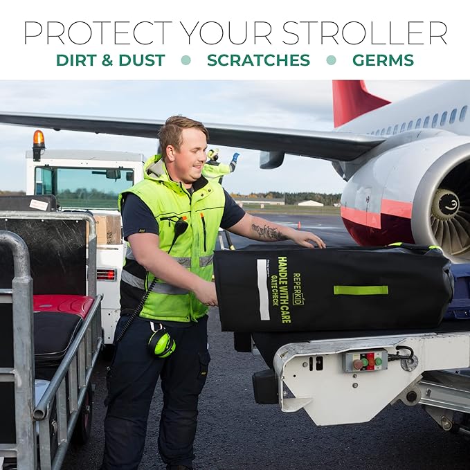 reperkid Umbrella Stroller Bag for Airplane Travel, Black and Green, 47" H x 15" W x 12" D, Fits Most Single and Double Umbrella Strollers – Premium Waterproof Cover, Adjustable Shoulder Strap