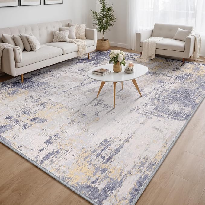 Washable Area Rugs 6'x9' Non-Slip Modern Abstract Soft for Living Room Entryway Bedroom Nursery, Print Pattern, Purple Grey Cream Yellow