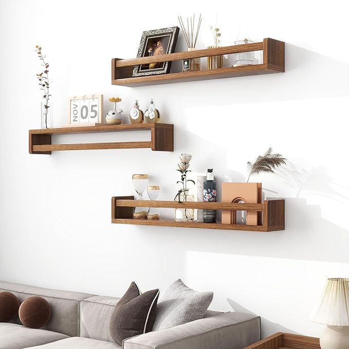 Fun Memories Nursery Book Shelves - Rustic Natural Solid Wood Floating Bookshelf for Kids - Wall Book Shelves for Kids Room (Carbonized, 24inch - 4P)