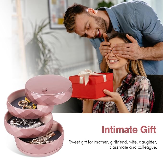 CONBOLA Travel Jewelry Case Box, Small Jewelry Organizer Earring Holder for Women, 5-Layer Rotating Jewelry Storage Tray with Lid for Bracelets Rings Bracelets