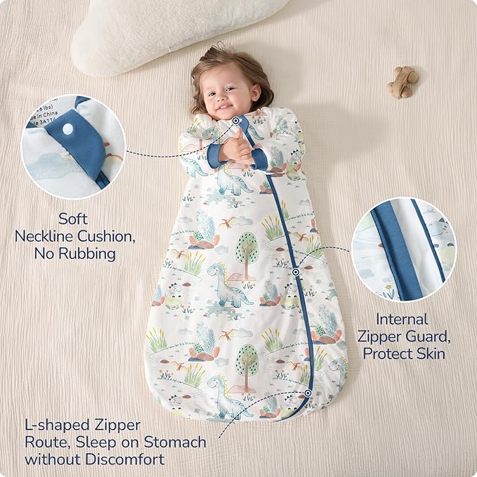 Baby Sleep Sack 12-18 Months, Cotton Detachable Long Sleeve Sleep Sack, 2.5 Tog Toddler Sleeping Sack with Temperature Strips, 2-Way Zipper Wearable Blankets for Newborns, Dinosaur