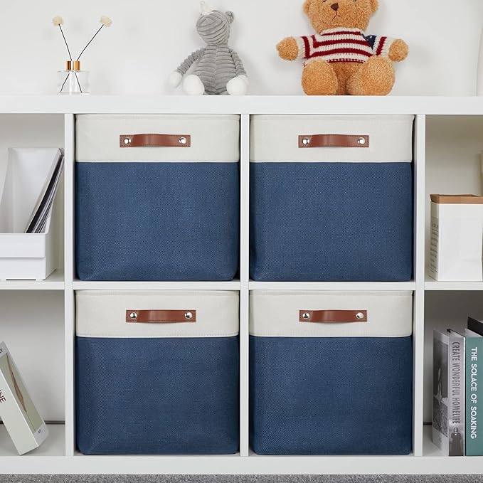 DULLEMELO Storage Baskets for Shelves Closet Storage,Large Home Organization Bins for Gifts Empty,Foldable Fabric Storage Cubes Baskets for Nursery Toy Towels Clothes Storage(White&Blue)
