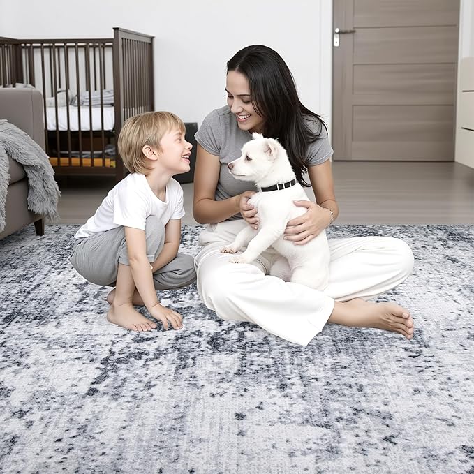 8x10 Area Rug Living Room Rug: Washable Modern Abstract Soft Thin Rug Indoor Floor No Slip Stain Resistant Carpet for Bedroom Dining Room Farmhouse Nursery Home Office - Grey