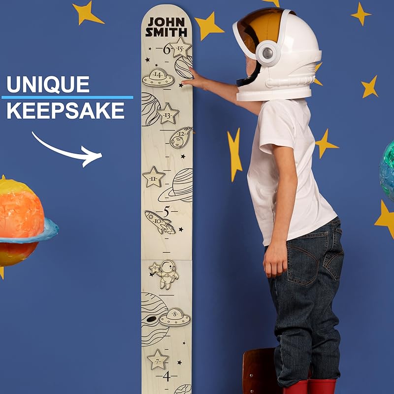 Wooden Height Chart for Wall - Personalized Boy Growth Chart, Custom Name Space Ship Theme Height Ruler Wood, Nursery Growing Wall Meter for Children, Large Baby Growth Chart Solar System, 2 Sizes