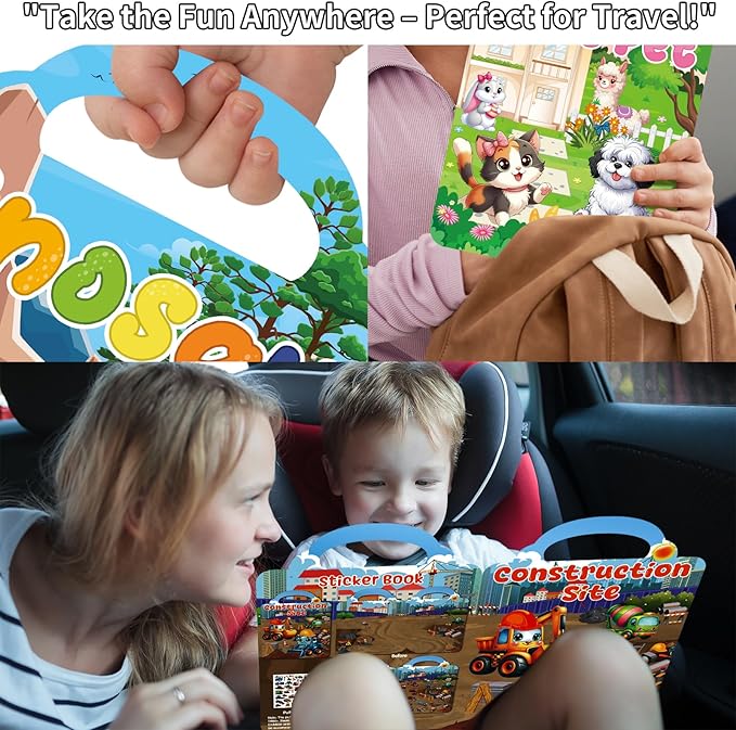 6 Set Reusable Sticker Books for Toddlers 2-4,1-3, Kids 3D Puffy Stickers (Dinosaurs, Forest, Town, Pets, Construction, Insects), Sticker Activity Books