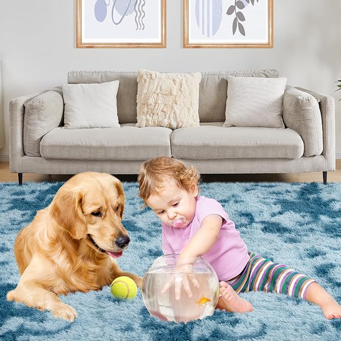 Luxury 4x6 Area Rug, Ultra Soft Rugs for Living Room, Plush Carpet Rugs for Bedroom, Non-Slip Indoor Rug for Nursery, Study Room, Playroom, Home Decor, Tie-Dyed Blue