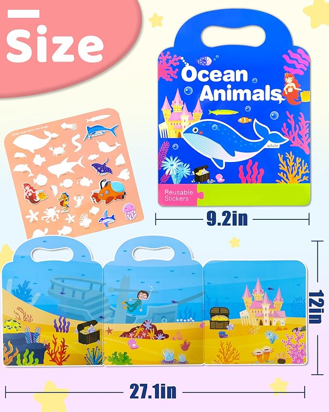 Benresive Reusable Sticker Books for Kids 2-4, Sticker Books for Toddlers 1-3 2-4, Toddler Travel Toys Activities Crafts Gifts - Ocean
