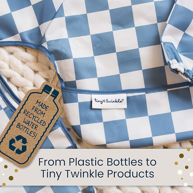 Tiny Twinkle Mess Proof Baby Bib - Waterproof & Lightweight Baby-Led Weaning Apron | 100% Recycled Polyester, Easy Clean & Machine Washable (Green Checkers, Large 2-4 Years)