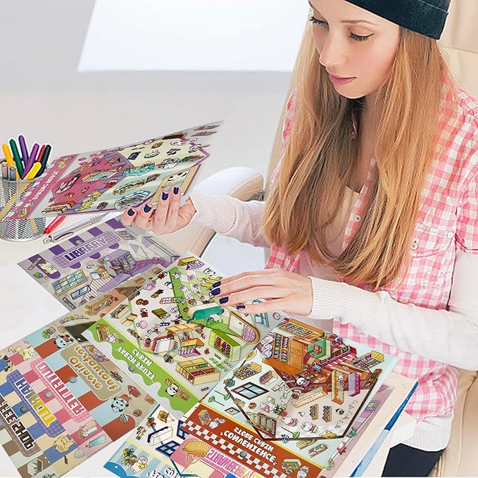 DIY 3D Sticker Scene,10 Sets Pack(600+) Large-Sized, Reusable Sticker Book, Cute Sets for Free Combination, Waterproof for Anywhere, Crafts Party Favors Birthday Gift