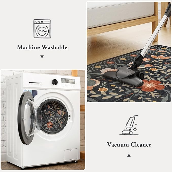 Moynesa Boho Bird Area Rug 9x12 for Living Room, Washable Rugs 9x12 Black Floral Bedroom Rug Low-Pile Soft Playroom Carpet, Jungle Pattern Vintage Rug Indoor Floor Carpet for Nursery