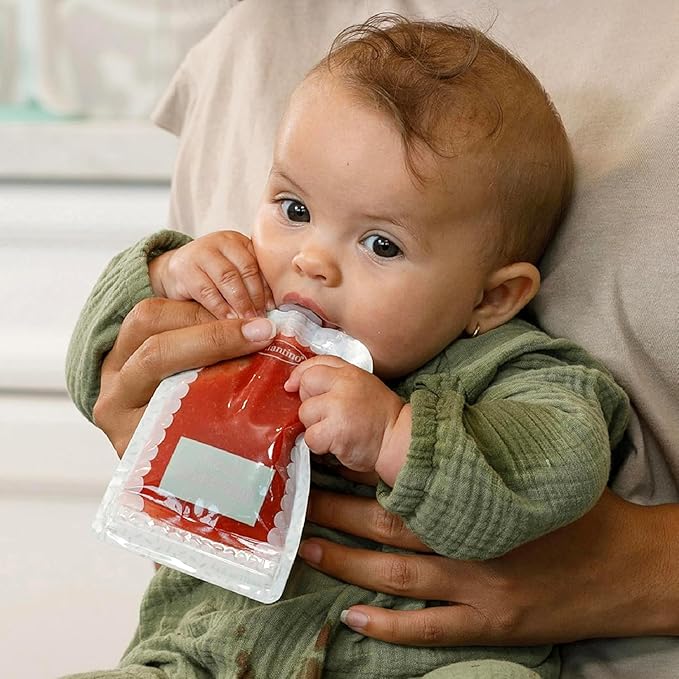 Infantino Reusable Squeeze Pouches for Homemade Baby Food, 3.5 oz, Pack of 25 - BPA, PVC, and Phthalate-Free, Freezer-Safe, with Clear Window and Labeling Space