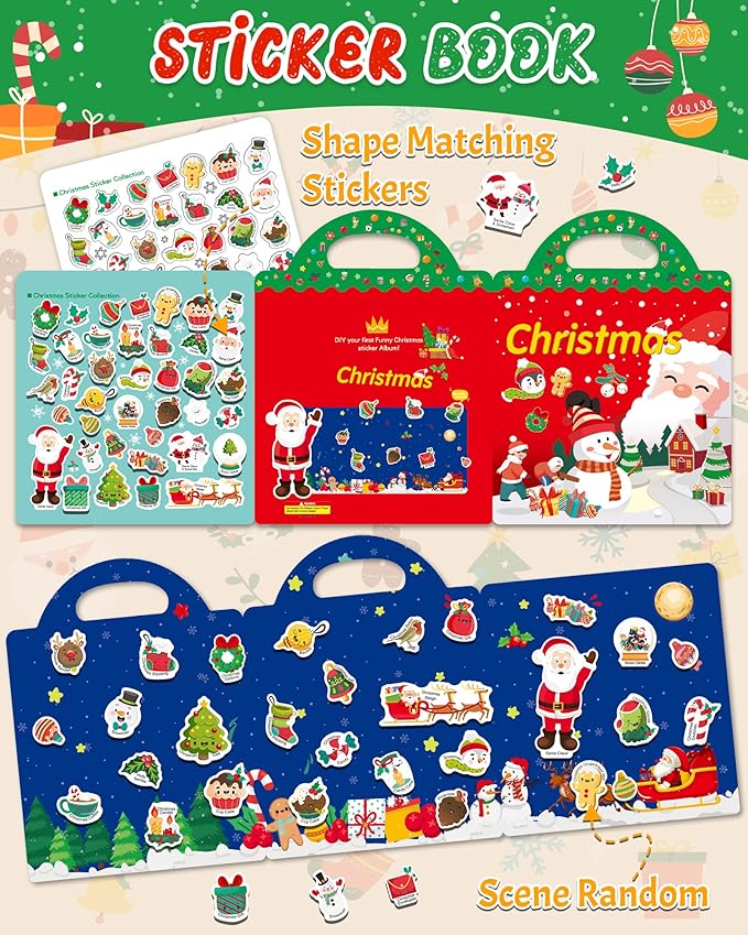 Benresive Reusable Sticker Book for Toddlers 2-4 Years, Fun Travel Stickers for Kids, Waterproof Sticker Books for Toddlers 1-3, Crafts Activities for Todddlers 1-3 2-4 3-5 - Christmas
