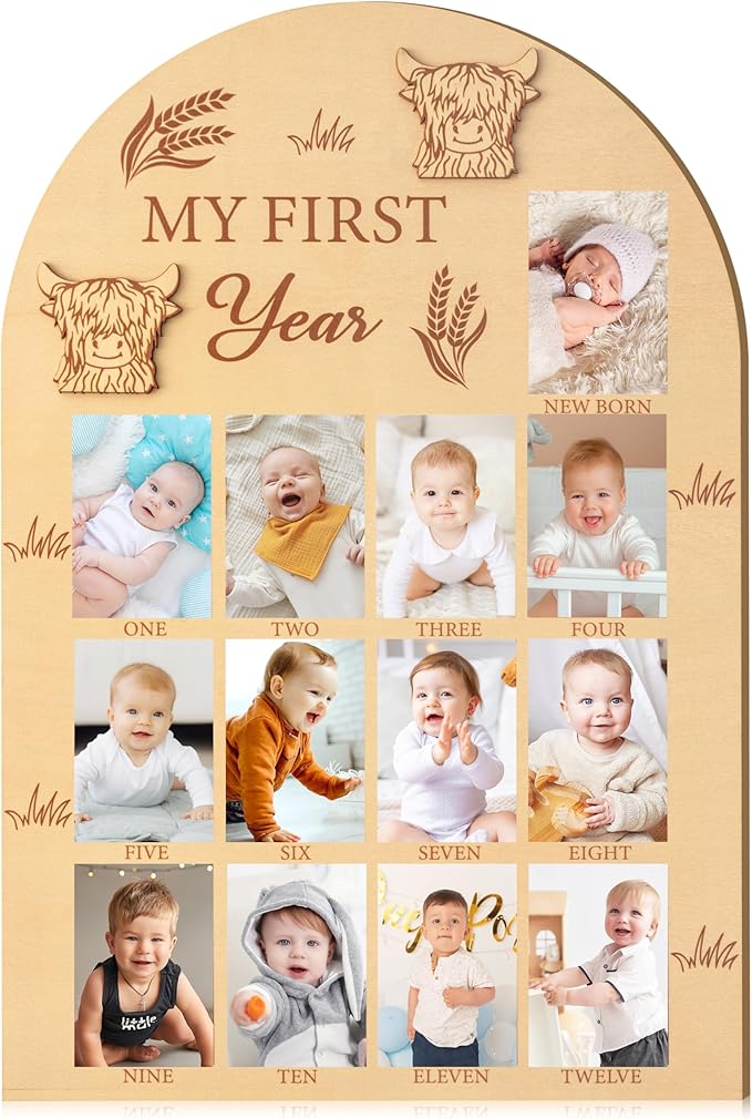 R HORSE Picture Frame - My First Year Photo Display Board, Highland Cow, Wood, 15.7 x 11 inches, Unisex Adult Gift