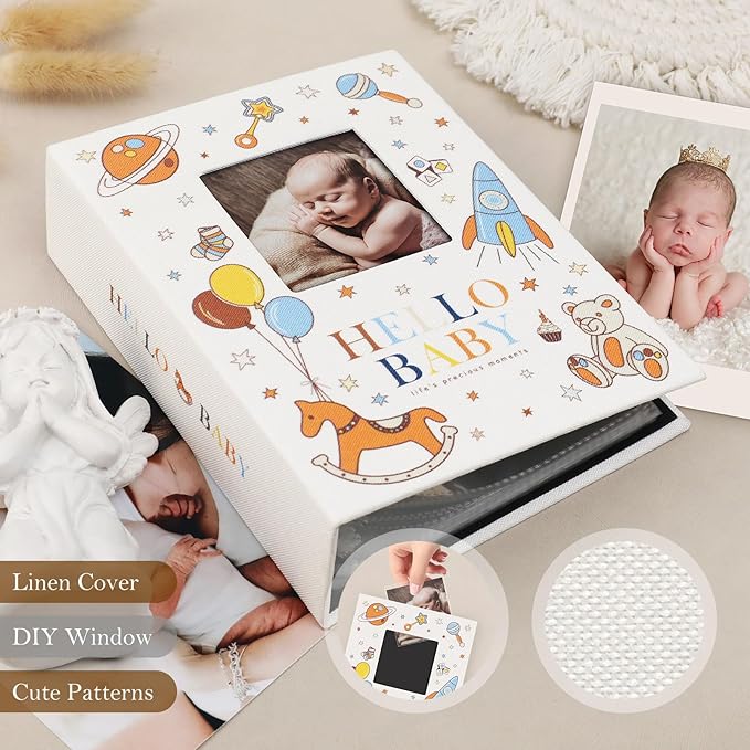 Lanpn Baby Photo Album 4x6 100 Pockets 2 Packs, Mini Linen DIY Window Newborn Bebe Album Memory Book Sets, Holds 100 Top Loader Vertical Pictures Gift for Kids Boy Girl Baby Shower, Colorful