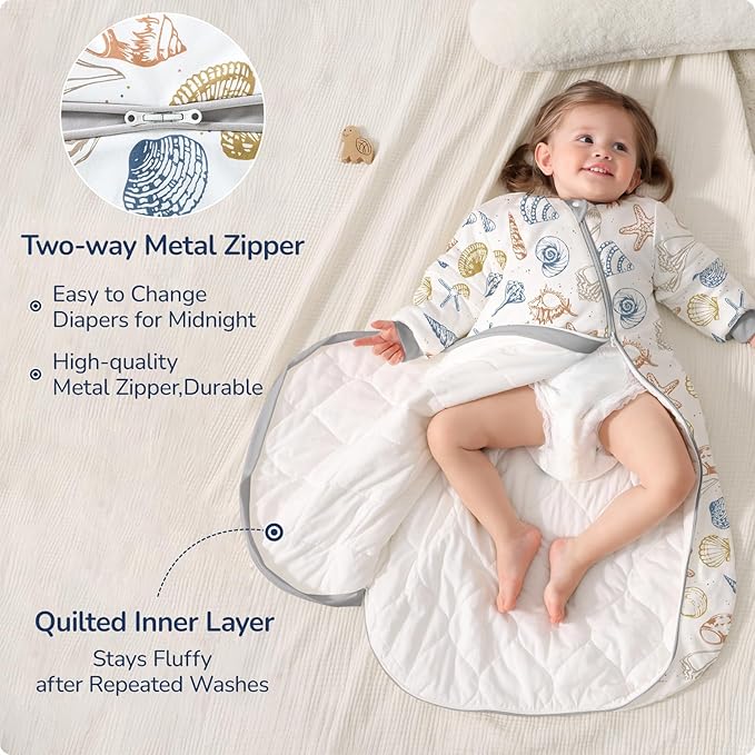Baby Sleep Sack 3-6 Months, Cotton Detachable Long Sleeve Sleep Sack, 1.0 Tog Toddler Sleeping Sack with Temperature Strips, 2-Way Zipper Wearable Blankets for Newborns, Ocean