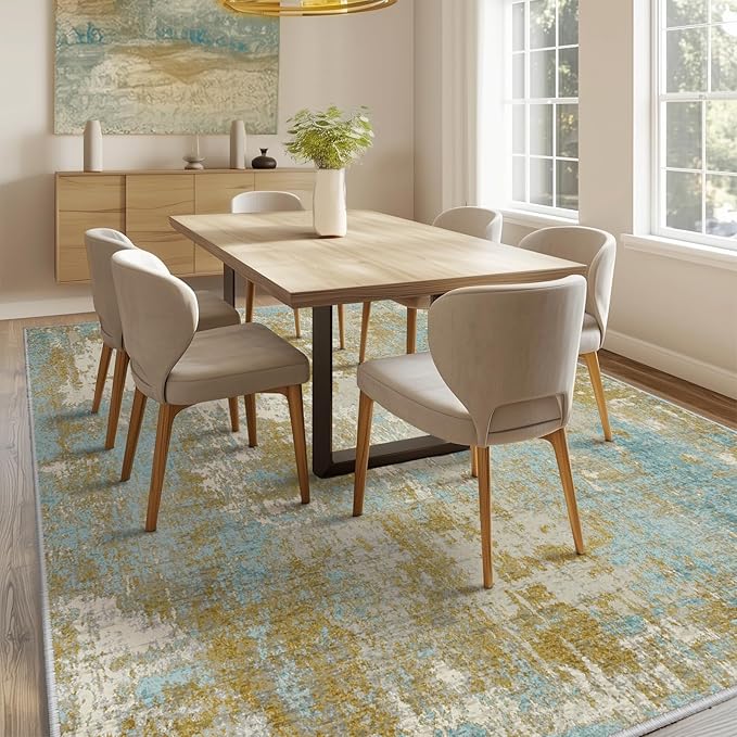 Washable Area Rugs 5'x7' Non-Slip Modern Abstract Soft for Living Room Entryway Bedroom Nursery, Print Pattern, Teal Blue Taupe