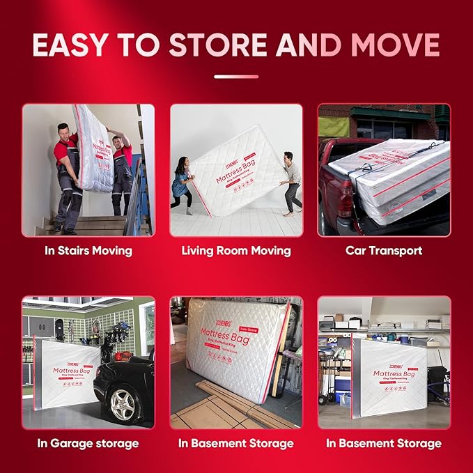 ZCHENBS® – Mattress Bags for Moving and Storage,Mattress Bag with Zippers,5 Mil Ultra-Thick Bed Bag,Waterproof,Anti-Tear,Heavy-Duty Mattress bag (Transaparent/Red, King/California King-(1 Pack))