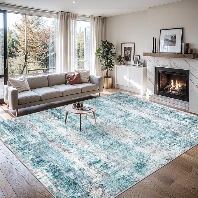 Area Rugs 10x12 Living Room - Washable Rug Modern Abstract Soft Large Neutral Non-Slip Carpet Indoor Floor Thin Carpets for Bedroom Dining Room Farmhouse Nursery Home Office Green