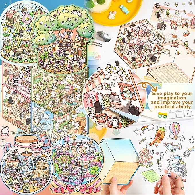 DIY 3D Sticker Scene,8 Sets Pack(500+), Reusable Sticker Book, Cute Sets for Free Combination, Cute Waterproof for Anywhere, Crafts Party Favors Birthday Gift