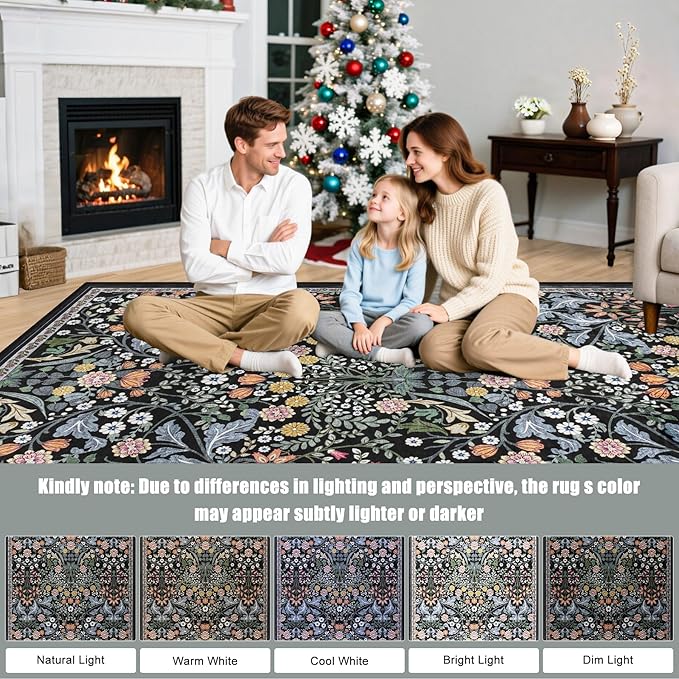 Entryway Rug 2X3 Small Rugs: Floral Washable Door Mat Vintage Soft Low Pile Non-Slip Kitchen Rugs Stain Resistant Indoor Throw Rug for Entrance, Bedroom, Kitchen, Laundry, Bathroom Dark Black