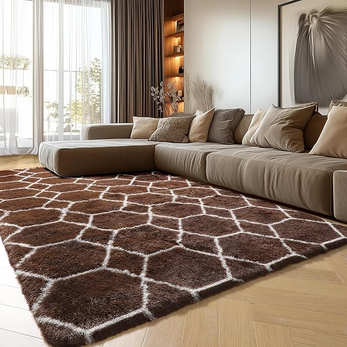 ONASAR 6x9 Area Rugs for Living Room Bedroom, Washable Large Fluffy Brown and White Throw Rug, Geometric Soft Plush Shaggy Fuzzy Floor Carpet for Nursery Kids Girls Boys Teen Dorm Home Office Decor