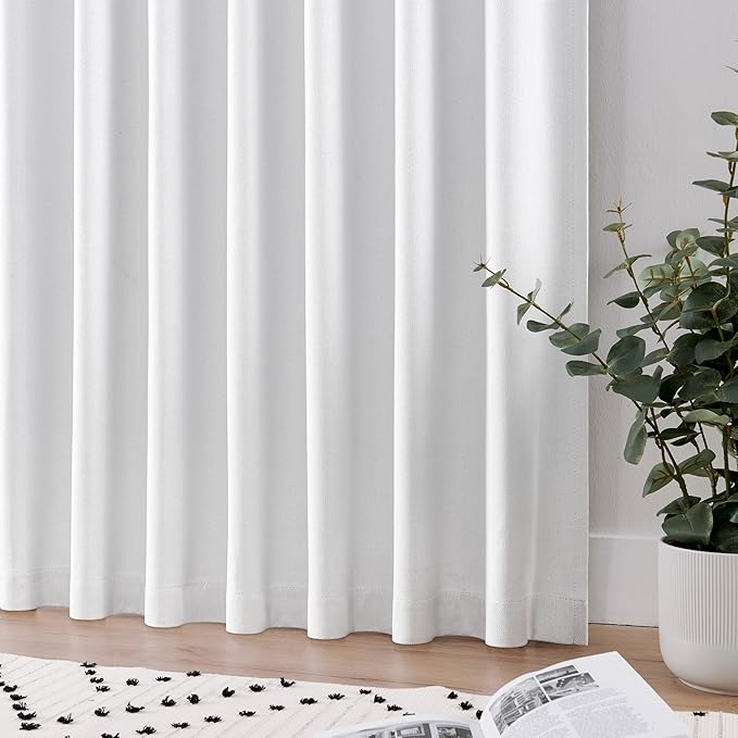 Joydeco Faux Linen Blackout Curtains for Bedroom,White Blackout Curtains 90 inches Long,100% Blackout Solid Thermal Insulated Window Drapes Luxury Decor for Living Room(W52xL90 Inch,White)