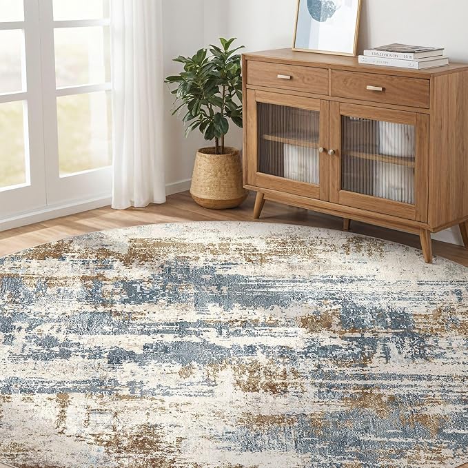 Round Rug Living Room Rugs: 10Ft Washable Circle Large Abstract Modern Soft Stain Resistant Non Slip Indoor Floor Carpet for Bedroom Nursery Office Dining Room Dorm Home House Decor- Tan Blue