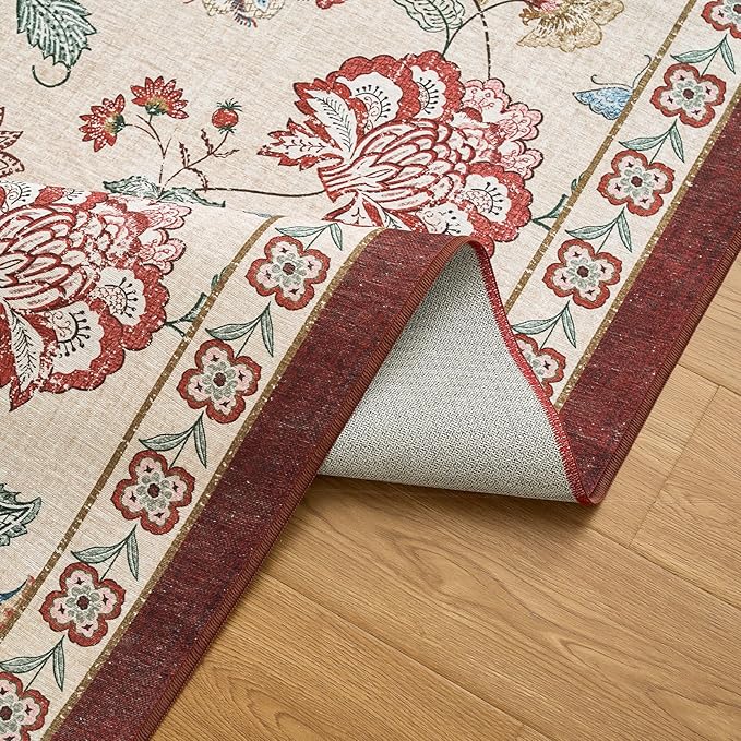 jinchan Floral Corner Rug for Living Room Washable Bedroom Rug Vintage Romance Design Non Slip Quarter Circle Lightweight Low-Pile Throw Carpet for Reading Nook Playroom,6ft Radius, Red/Beige