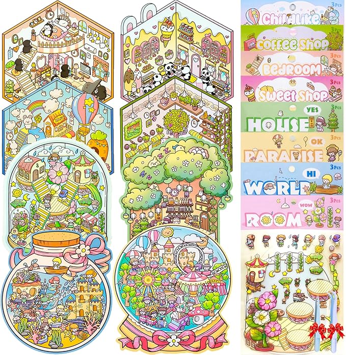 DIY 3D Sticker Scene,8 Sets Pack(500+), Reusable Sticker Book, Cute Sets for Free Combination, Cute Waterproof for Anywhere, Crafts Party Favors Birthday Gift