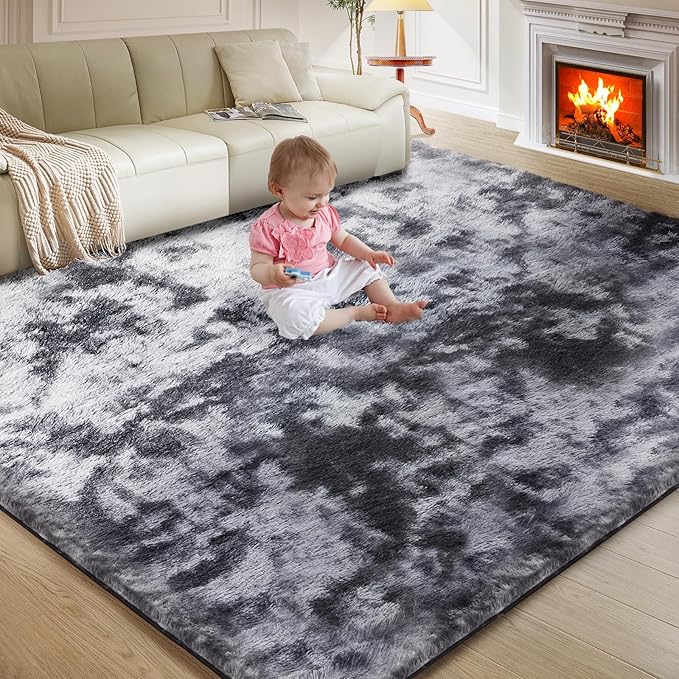 Ultra Soft Rug for Living Room, 6X9 Fluffy Shag Area Rug for Bedroom, Modern Shaggy Carpets Fuzzy Rug for Teens Dorm Nursery Home Decor Aesthetic, Upgrade Anti-Skid Durable, Tie Dye Black and Grey