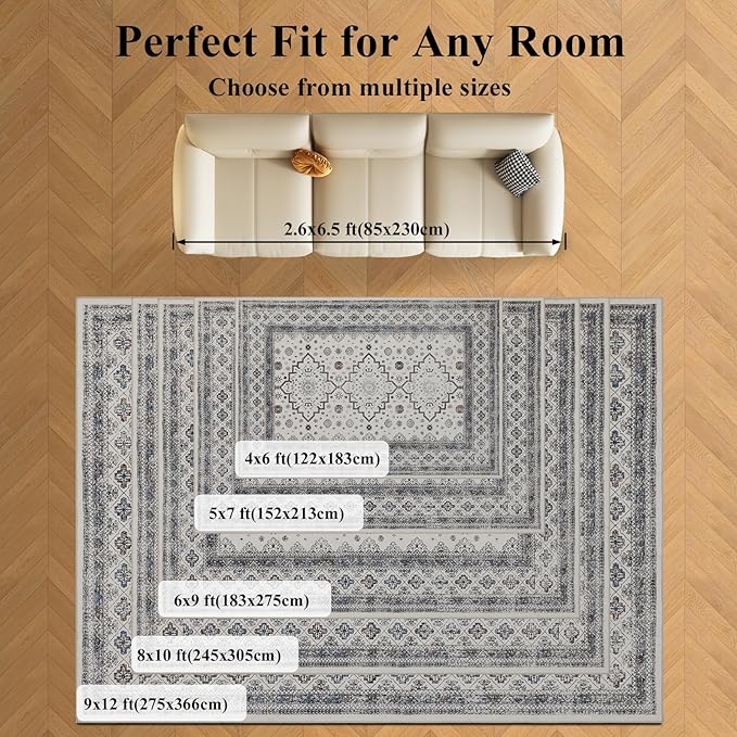 9x12 Area Rug Living Room Rugs, Stain Resistant Washable Rug, Vintage Large Non-Slip Backing, Low Pile Lightweight Print Rug for Bedroom Dinning Room Home Office (White Cream/Gray)