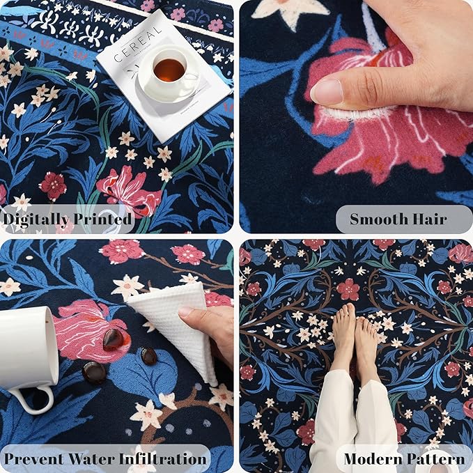 5x7 Washable Rug Vintage Floral Botanical Area Rug Non Slip Low Pile Large Rugs for Living Room, Bedroom, Farmhouse, Dining Room, Kids Playroom, Blue