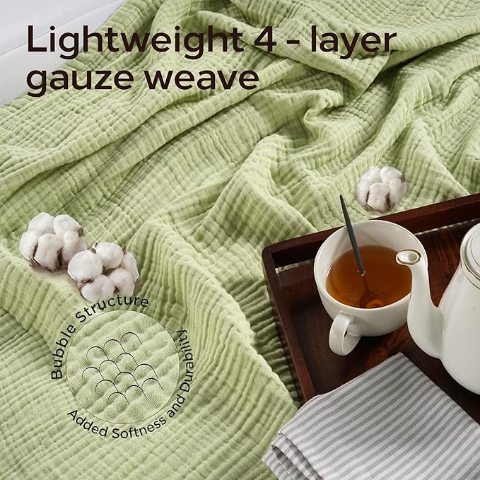 Threadmill Muslin Queen Blankets | Soft, Cozy and Breathable Muslin Throw for Bed | 4-Layer Gauze Blanket for All Seasons | Lightweight Blanket Fits Full Size Bed | Sage Green