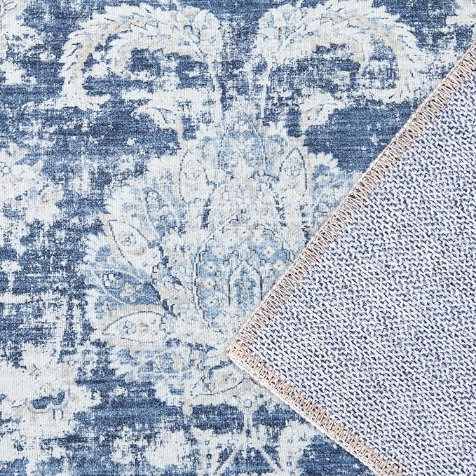 jinchan Hallway Runner Rug 3x8 Machine Washable Runner Rug Dark Blue Vintage Floral Design Non-Slip Low Pile Ultra-Thin for Kitchen Laundry Room Bedroom Farmhouse (3‘x8',Dark Blue)