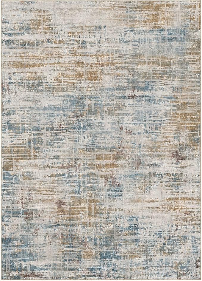 Area Rug for Living Room: 7x9 Washable Neutral Abstract Modern Soft Rugs Non Slip Indoor Floor Stain Resistant Large Carpet for Bedroom Dining Room Office Nursery - Blue Brown