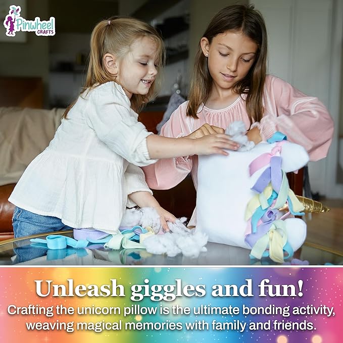 Pinwheel Crafts Unicorn Pillow Kit - DIY Arts and Crafts for Kids Ages 6 7 8-12+ Years, No Sewing Kit for Kids, Unicorn Pink Pillow Craft Kits for Birthday, Christmas Gifts for Girls