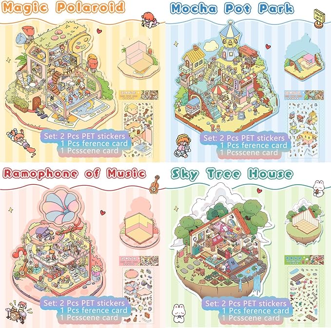 DIY 3D Sticker Scene,8 Sets Pack(600+) Large-Sized, Reusable Sticker Book, Cute Sets for Free Combination, Waterproof for Anywhere, Crafts Party Favors Birthday Gift