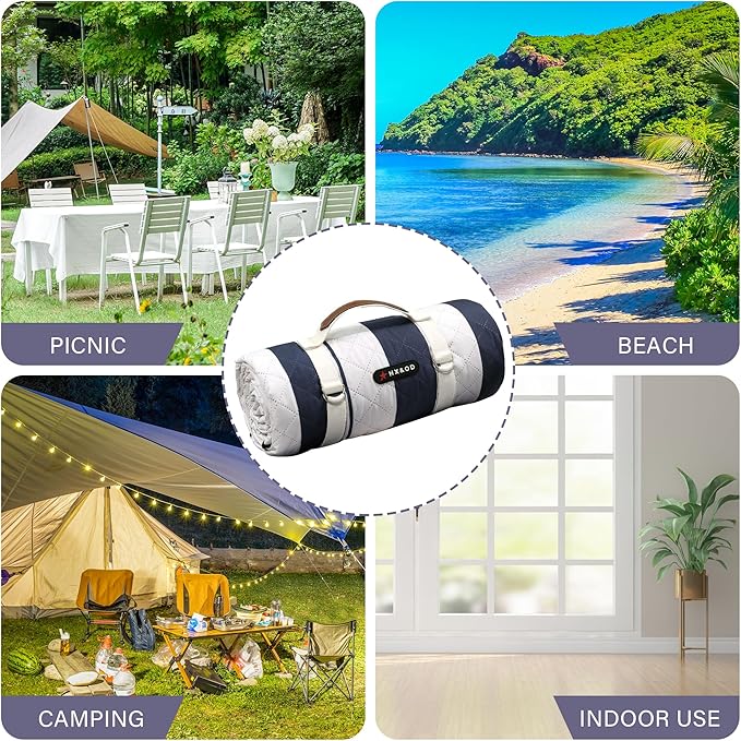 HX&OD Outdoor Picnic Blanket Extra Large, 80''*60'' Waterproof Picnic Mat with Stakes Foldable Camping Blanket Portable with Carry Strap for Beach Mat (Green& White, 80''*60'')