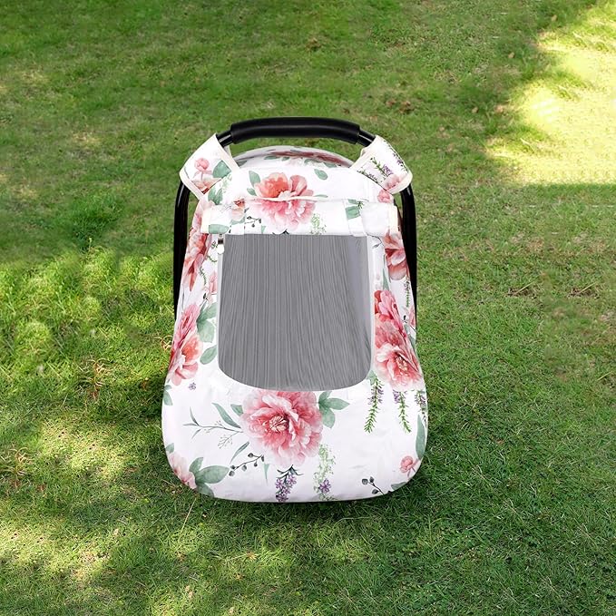 Baby Carseat Cover Girls, Pea Pod Floral Infant Car Seat Covers Canopy for Newborn with 2 Layers Windows of Breathable Mesh/Fabric, Lightweight Polyester/Minky Dot Backing, Snug Fit Most Baby Car Seat