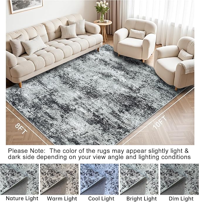 Area Rugs 8x10 Living Room Rugs: Modern Abstract Washable Rug with Non-Slip Backing, Stain Resistant Indoor Floor Large Carpet for Bedroom Dining Room Table Nursery Hallway Home Office Dark Black/Gray