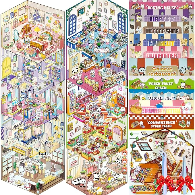 DIY 3D Sticker Scene,10 Sets Pack(600+) Large-Sized, Reusable Sticker Book, Cute Sets for Free Combination, Waterproof for Anywhere, Crafts Party Favors Birthday Gift
