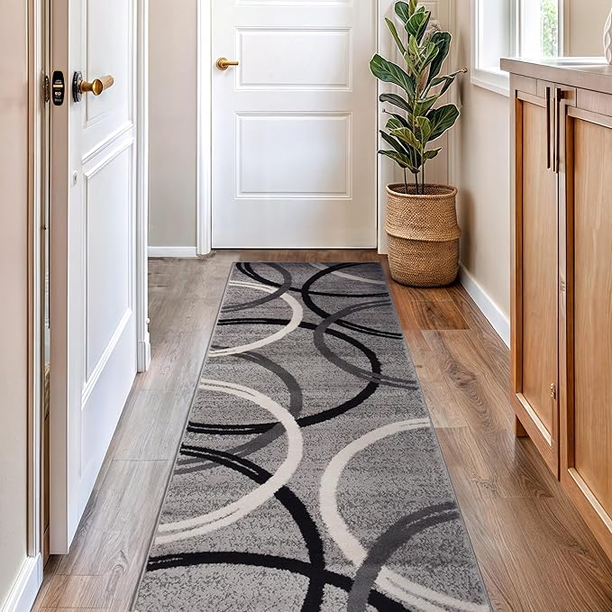 Rugshop Modern Wavy Circles Design Runner Rug 2'7" x 12' Gray