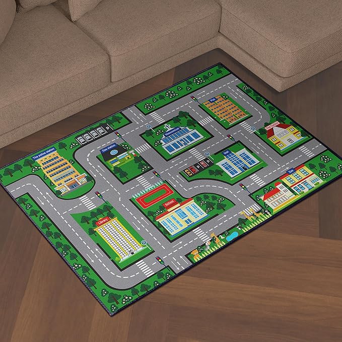 Fun Car Play Area Carpet Car Mat 59"x39" Play Rug for Playroom Town City Road Map for Boys Bedroom Non-Slip Washable