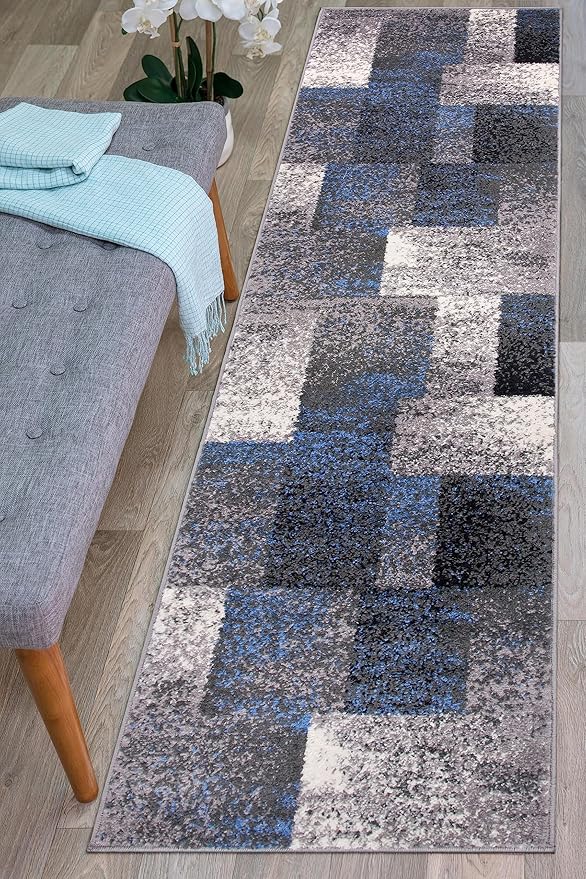 Rugshop Modern Distressed Boxes Runner Rug 2' x 7' Blue