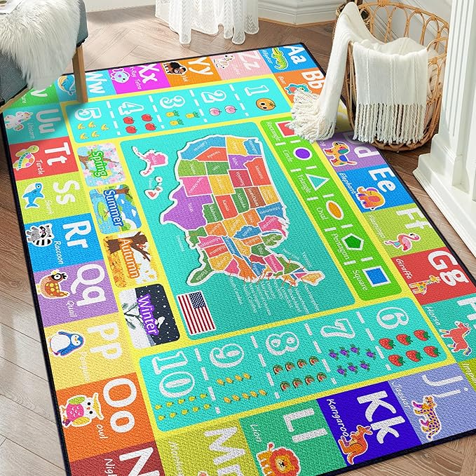 ABC Rug for Kids Playroom, 3x4 Washable Classroom Area Rugs, Educational Learning Mat with Alphabet Numbers Animals Seasons Shapes for Classroom Preschool Playroom