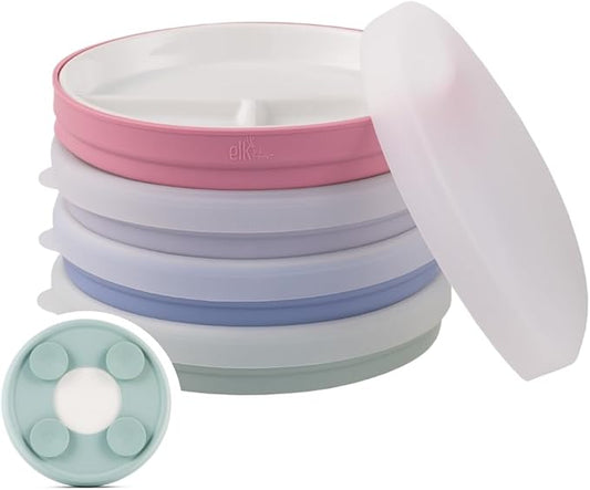 Elk and Friends Kids 7.8” Porcelain Divided Plates with Silicone Suction Sleeves + Lids | Suitable for Kids/Toddlers | Microwave & Dishwasher Safe | Non Slip | Snack Dishes | 4 Pack