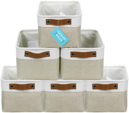 OrganiHaus Small Fabric Storage Baskets for Shelves 6 Pack, 12x8in Closet Storage Bins for Shelves, Cloth Storage Bins, Linen Closet Organizers, Fabric Basket, Shelf Baskets for Organizing Beige/White