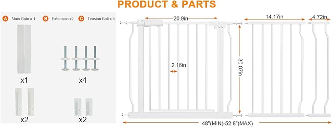 HOOEN Extra Wide Baby Gates 48-53 Inch Indoor Child Gate for Kid or Pet Dogs Walk Through Pressure Mounted Baby Gate for Doorway Stairs Living Room